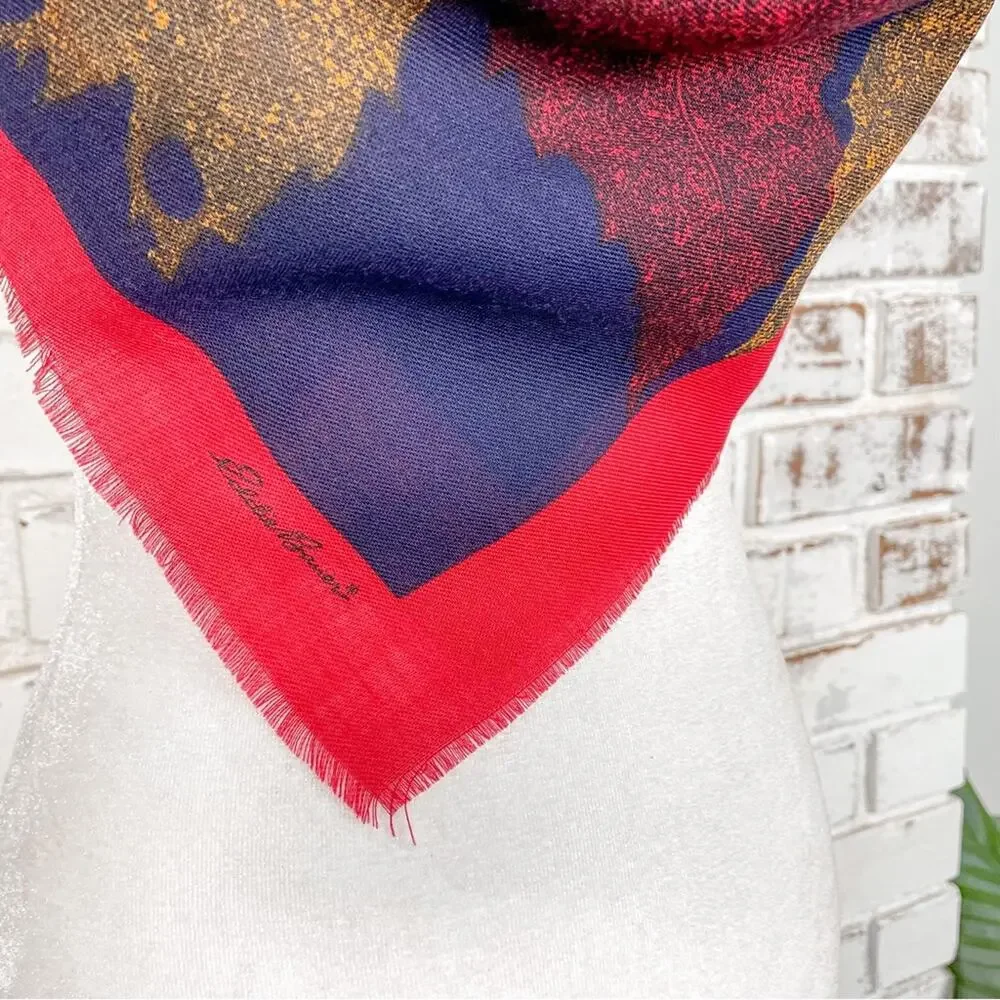 Vintage 80s Eddie Bauer Wool Red Blue Yellow Green Fall Leaf Italy Scarf